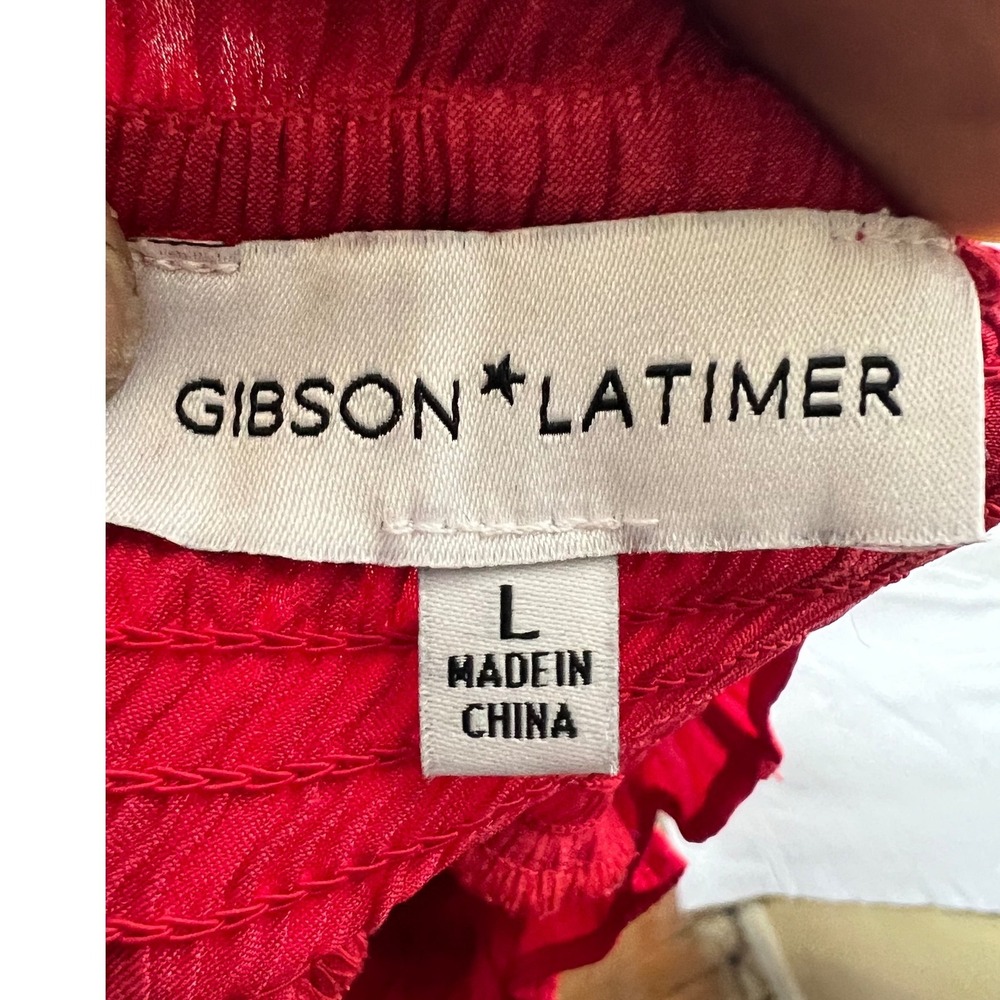 Gibson Latimer Red Smocked Mock Neck Ruffle Blouse Long Sleeve Top Womens‎ Large - Picture 3 of 4